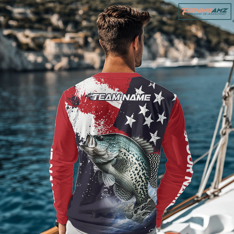 Personalized Crappie Fishing Jerseys, Custom American Flag Crappie Fishing Shirts Long Sleeve NHT491