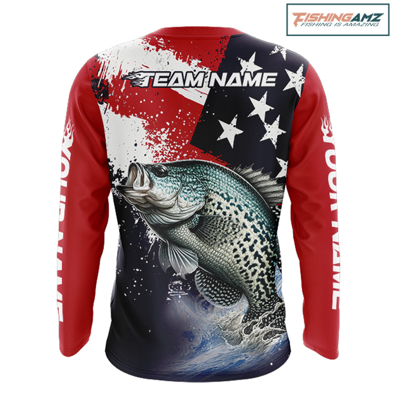 Personalized crappie fishing jersey, custom American flag crappie fishing shirt long sleeve