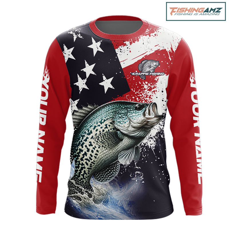 Personalized crappie fishing jersey, custom American flag crappie fishing shirt long sleeve