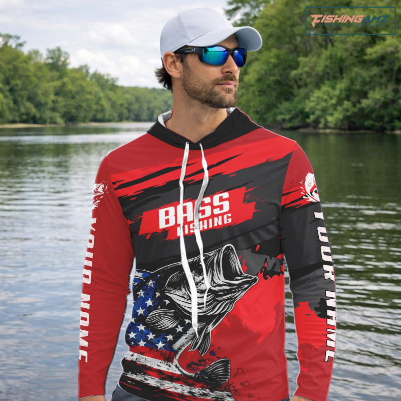 Bass American Flag Fishing Shirt Long Sleeve Hooded, Red Fishing Jersey For Fisherman NHT496