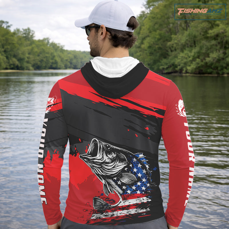 Bass American Flag Fishing Shirt Long Sleeve Hooded, Red Fishing Jersey For Fisherman NHT496