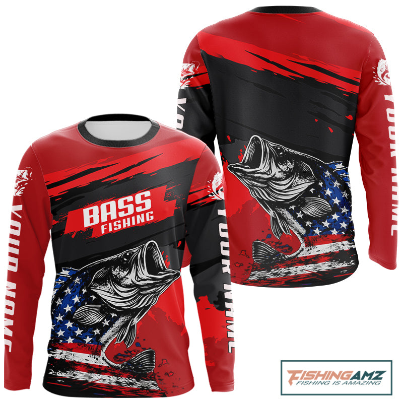 Bass American Flag Fishing Shirt Long Sleeve, Red Fishing Jersey For Fisherman NHT496