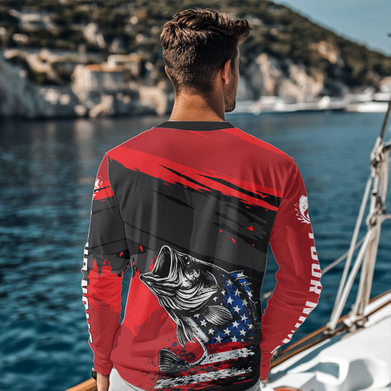 Bass American Flag Fishing Shirt Long Sleeve, Red Fishing Jersey For Fisherman NHT496