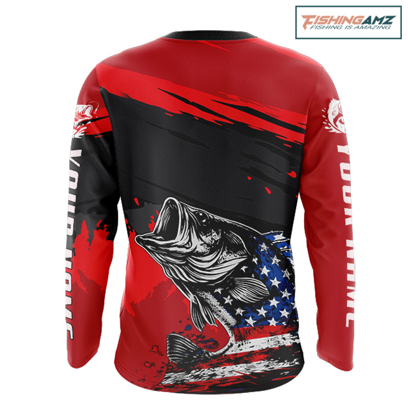 Bass American Flag Fishing Shirt Long Sleeve, Red Fishing Jersey For Fisherman NHT496