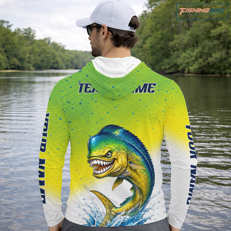 Personalized Offshore Fishing Jerseys, Mahi Mahi Angry Tournament Fishing Shirts Hooded For Men NHT1311
