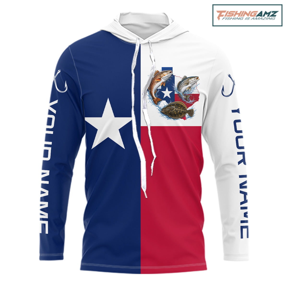 Texas Slam Long Sleeve Hooded Jersey With Redfish, Trout & Flounder Texas Saltwater Fishing Shirt For Men
