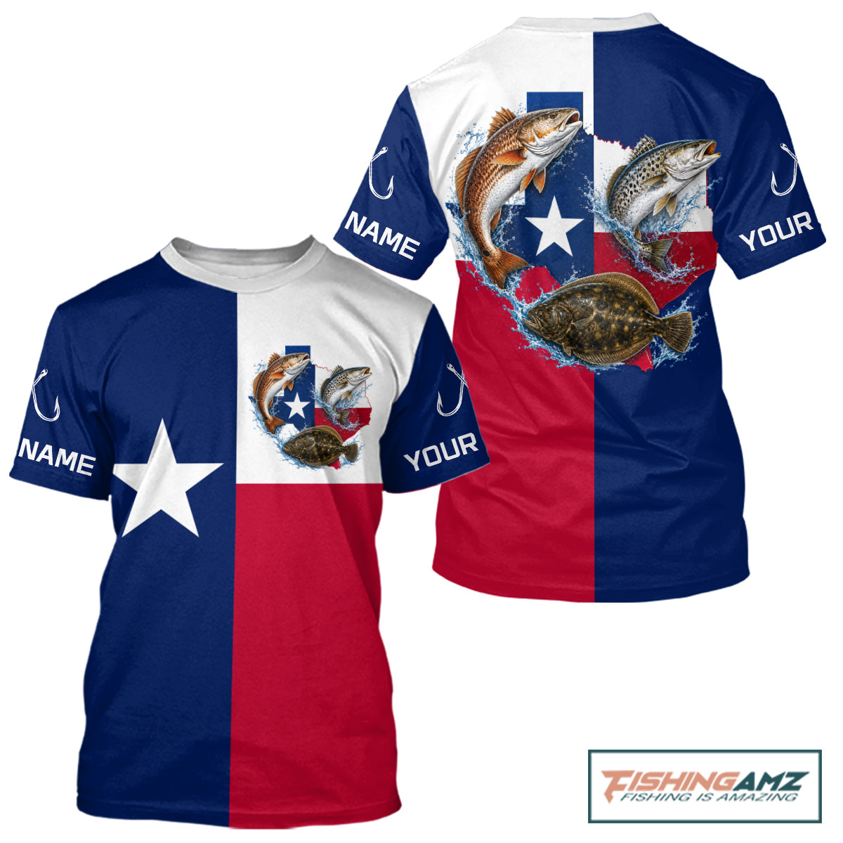 Texas Slam Short Sleeve Fishing T-Shirts Jersey With Redfish, Trout & Flounder Texas Saltwater Fishing Shirt For Men