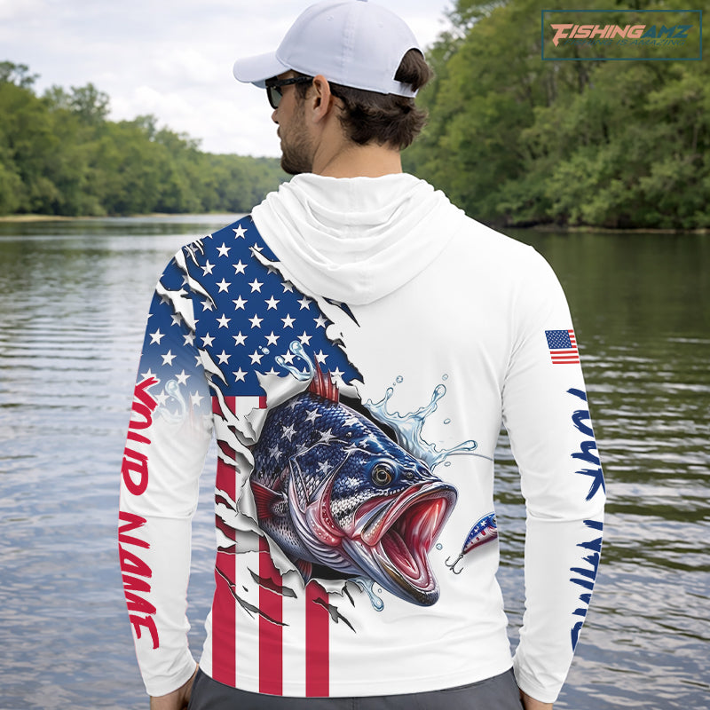 Bass Fishing Shirts Long Sleeve Hooded With American Flag – USA Patriotic Angler Performance Shirt