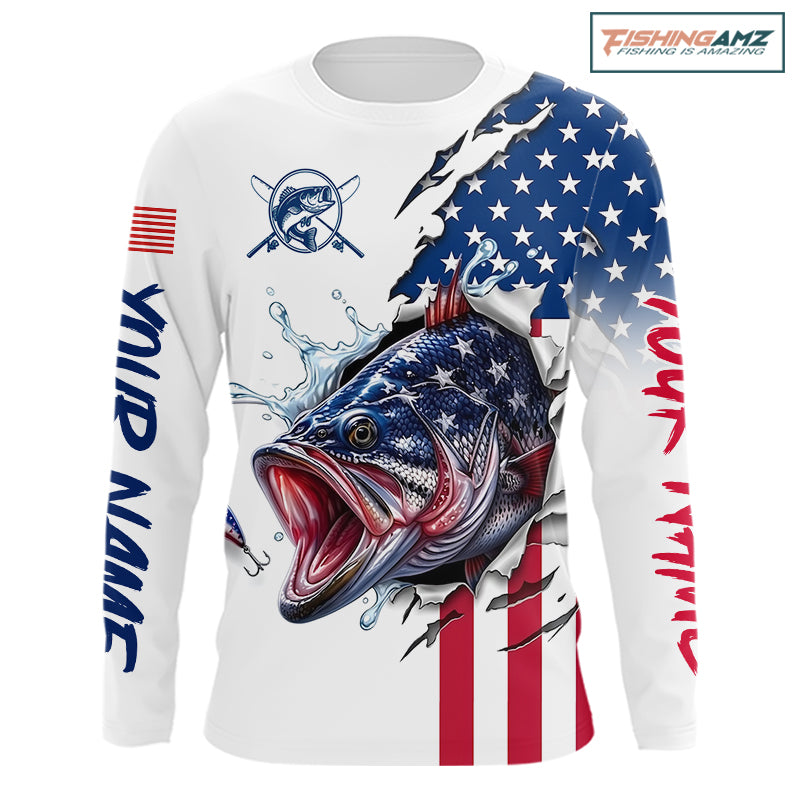 Bass Fishing Shirts Long Sleeve With American Flag – USA Patriotic Angler Performance Shirt