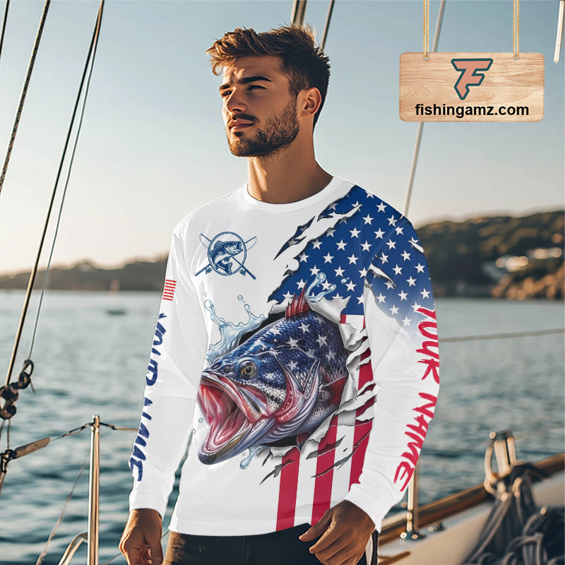 Bass Fishing Shirts Long Sleeve With American Flag – USA Patriotic Angler Performance Shirt