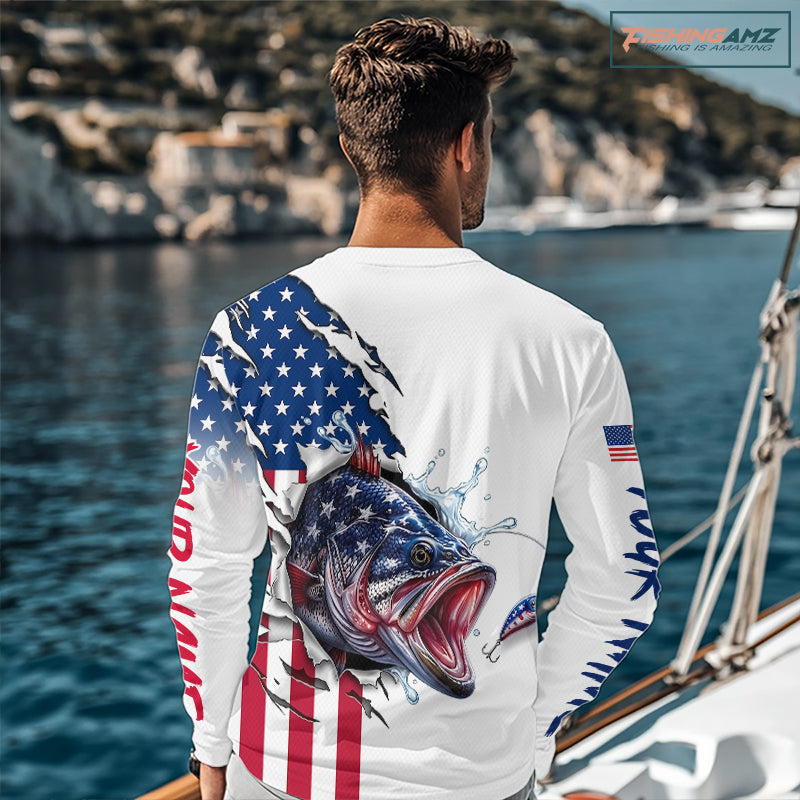 Bass Fishing Shirts Long Sleeve With American Flag – USA Patriotic Angler Performance Shirt