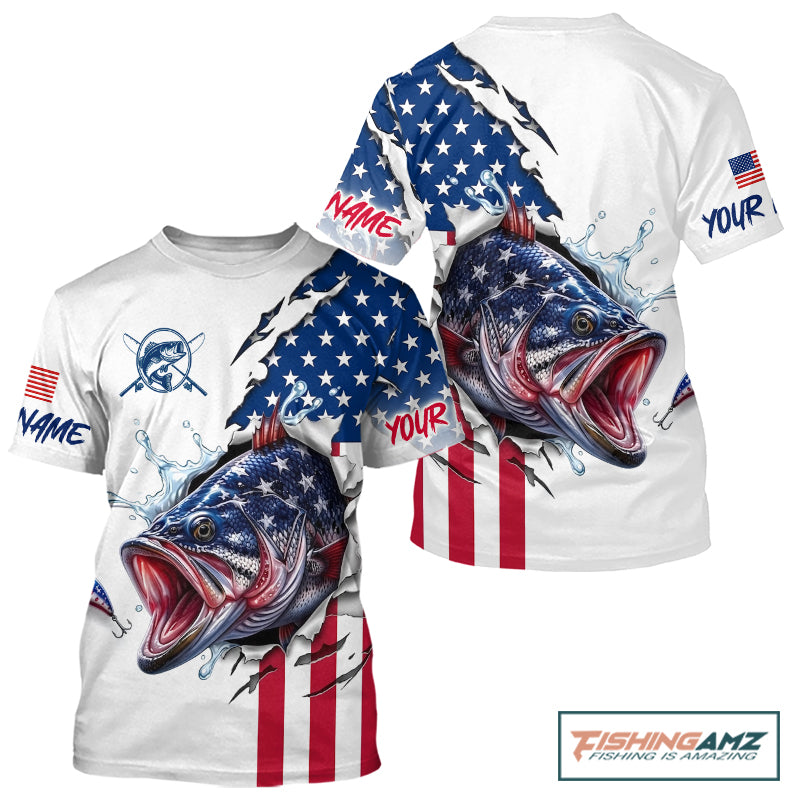 Bass Fishing T-Shirt With American Flag – USA Patriotic Angler Performance Shirt