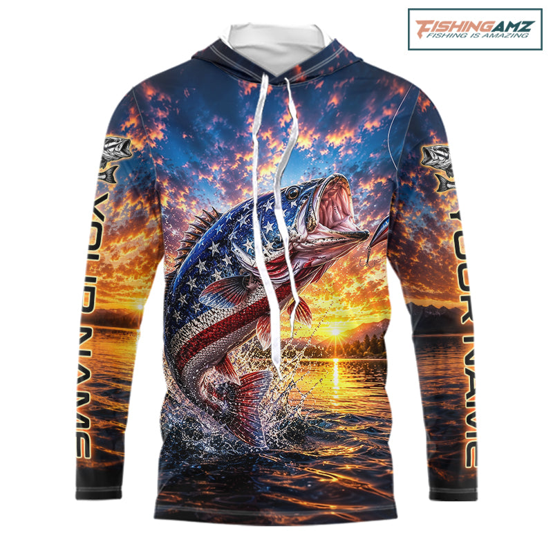 American Flag Bass Fishing Jersey – Patriotic Sunset Lake Angler Long Sleeve Hooded For Men