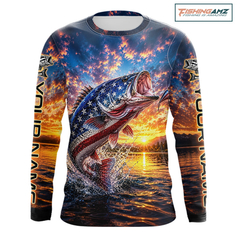 American Flag Bass Fishing Jersey – Patriotic Sunset Lake Angler Long Sleeve For Men