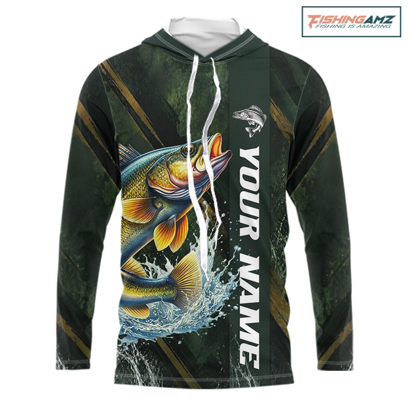 Personalized Hooded Walleye Fishing Jersey – Green Angler Shirt Custom Name, Fishing Gift For Men NHT876
