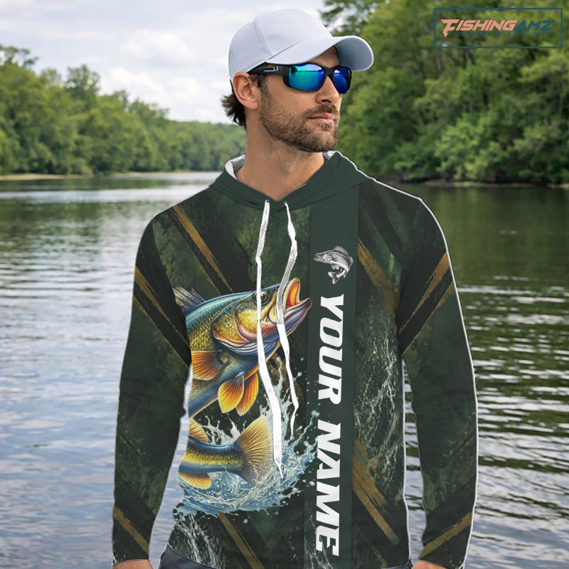 Personalized Hooded Walleye Fishing Jersey – Green Angler Shirt Custom Name, Fishing Gift For Men NHT876