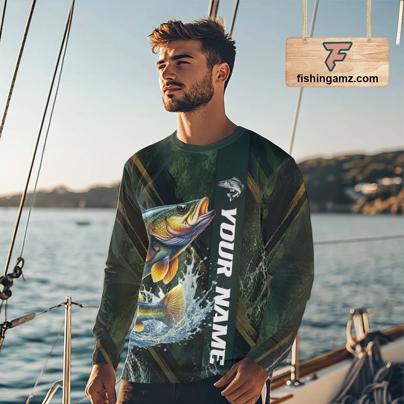 Personalized Walleye Fishing Jersey – Green Angler Shirt Custom Name, Fishing Gift For Men NHT876