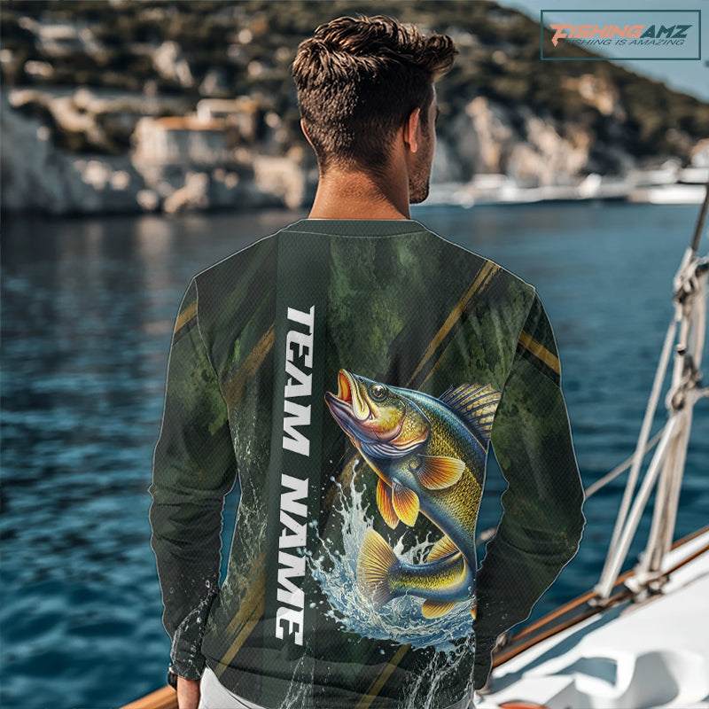 Personalized Walleye Fishing Jersey – Green Angler Shirt Custom Name, Fishing Gift For Men NHT876