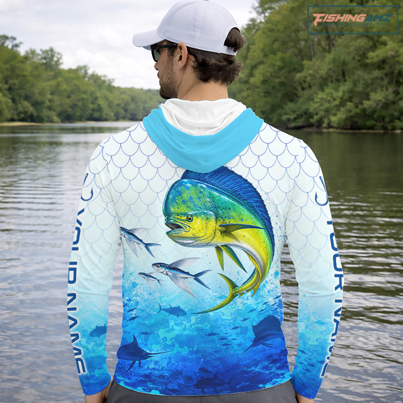 Custom Mahi Mahi Fishing Shirt Long Sleeve Hooded, Personalized Dorado Fishing Jersey For Men NHT1499
