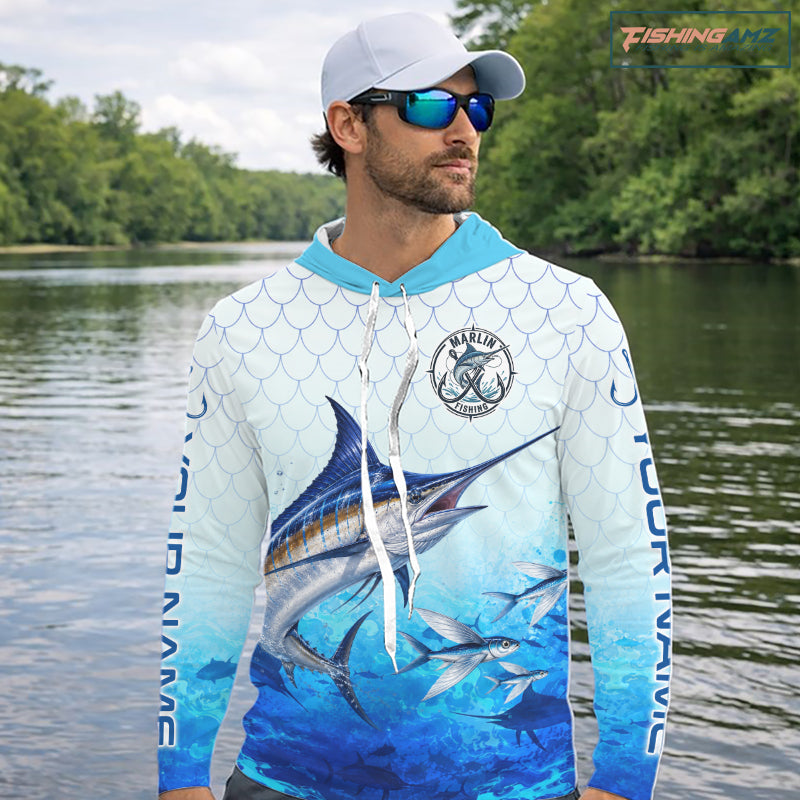 Custom Marlin Fishing Shirt Long Sleeve Hooded, Personalized Marlin Fishing Jersey For Men NHT1500