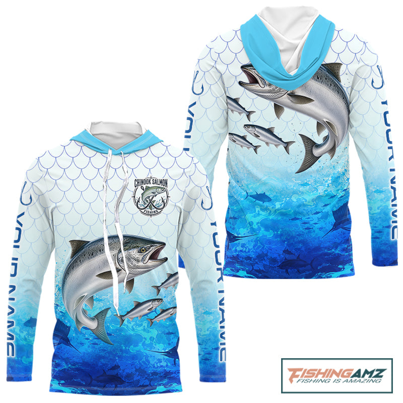 Custom Chinook Salmon Fishing Shirt Long Sleeve Hooded, Personalized Salmon Fishing Jersey For Men NHT1501