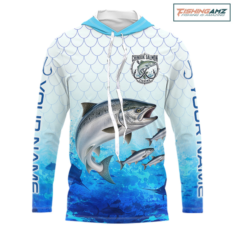 Custom Chinook Salmon Fishing Shirt Long Sleeve Hooded, Personalized Salmon Fishing Jersey For Men NHT1501