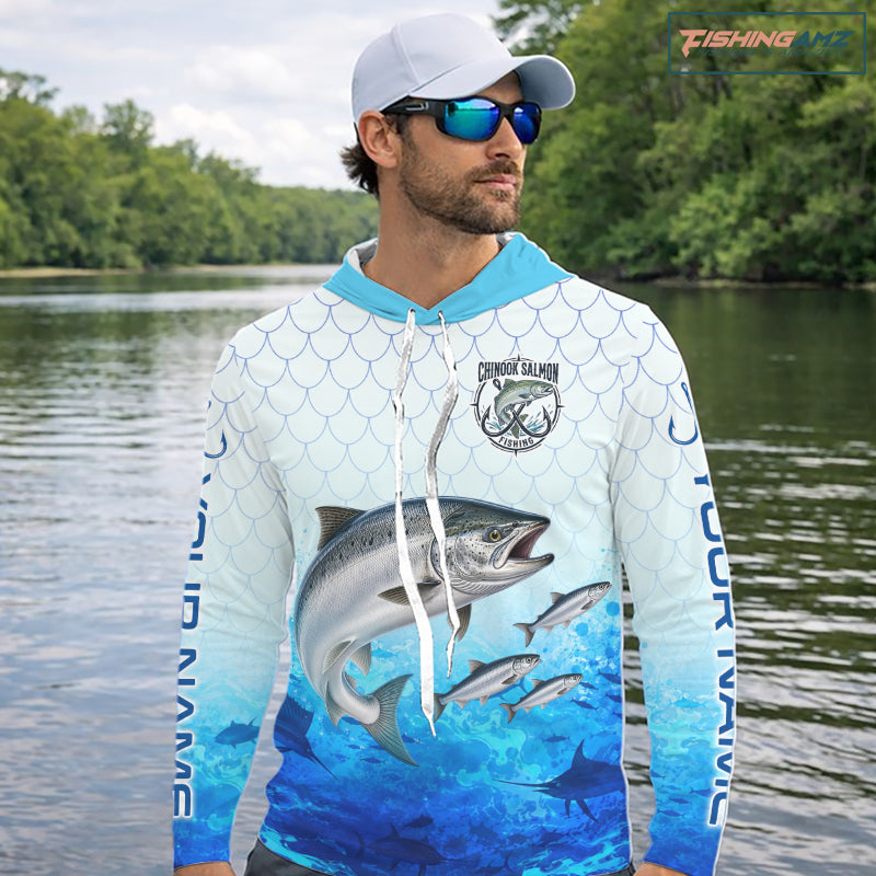 Custom Chinook Salmon Fishing Shirt Long Sleeve Hooded, Personalized Salmon Fishing Jersey For Men NHT1501