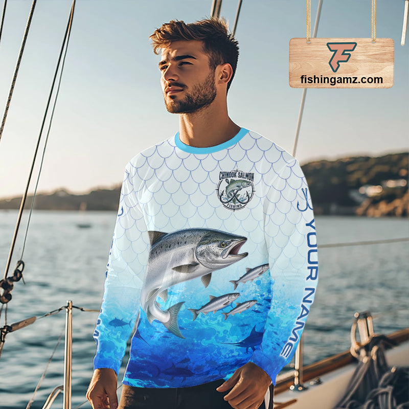 Custom Chinook Salmon Fishing Shirt Long Sleeve, Personalized Salmon Fishing Jersey For Men NHT1501