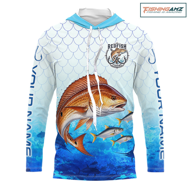 Custom Redfish Fishing Shirt Long Sleeve Hooded, Personalized Red Drum Fishing Jersey For Men NHT1502