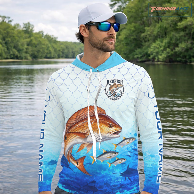 Custom Redfish Fishing Shirt Long Sleeve Hooded, Personalized Red Drum Fishing Jersey For Men NHT1502