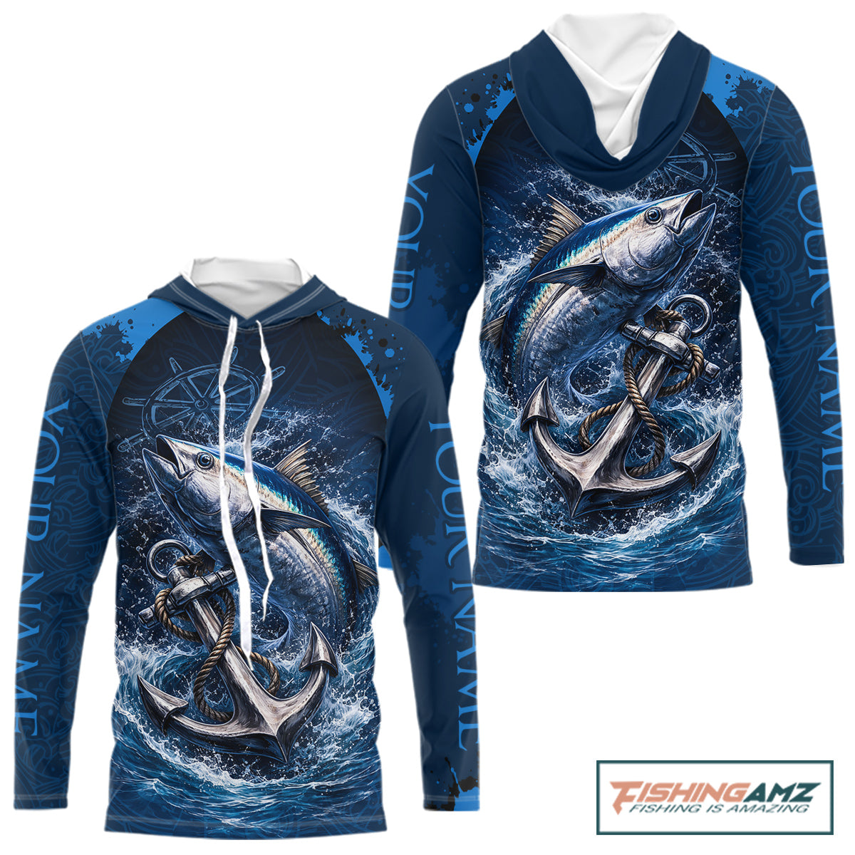 Custom Tuna Fishing Camo Hooded Long Sleeve Fishing Shirts, Personalized Tuna Fishing Shirt NHT400