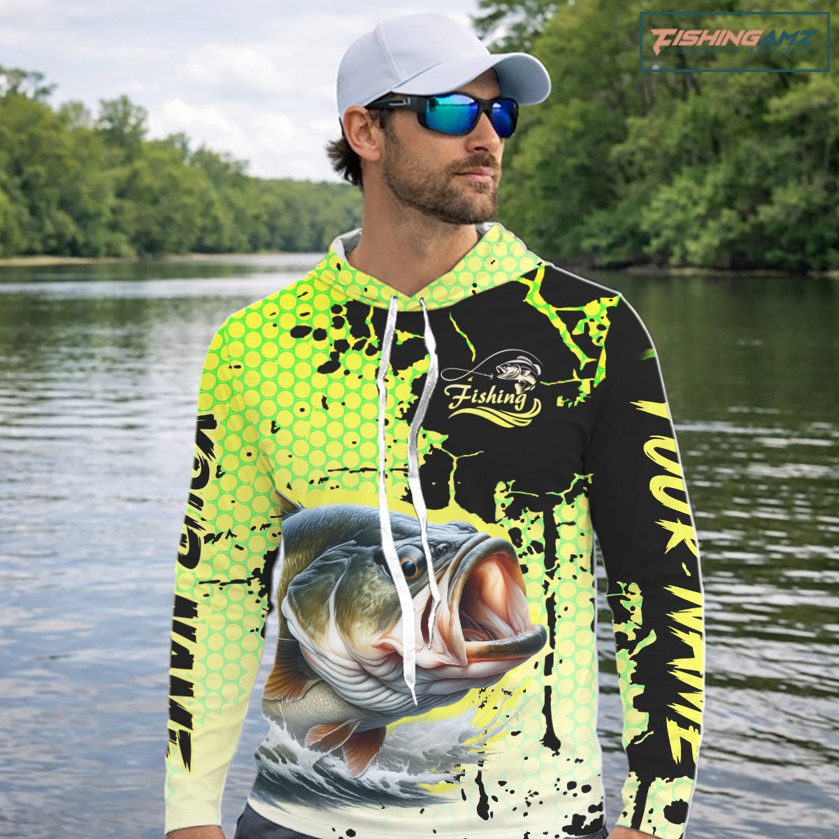 Largemouth Bass Fishing Shirts Long Sleeve Hooded UPF Custom Bass Fishing Apparel NHT406