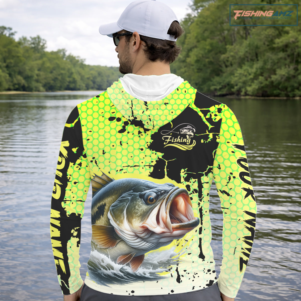 Largemouth Bass Fishing Shirts Long Sleeve Hooded UPF Custom Bass Fishing Apparel NHT406