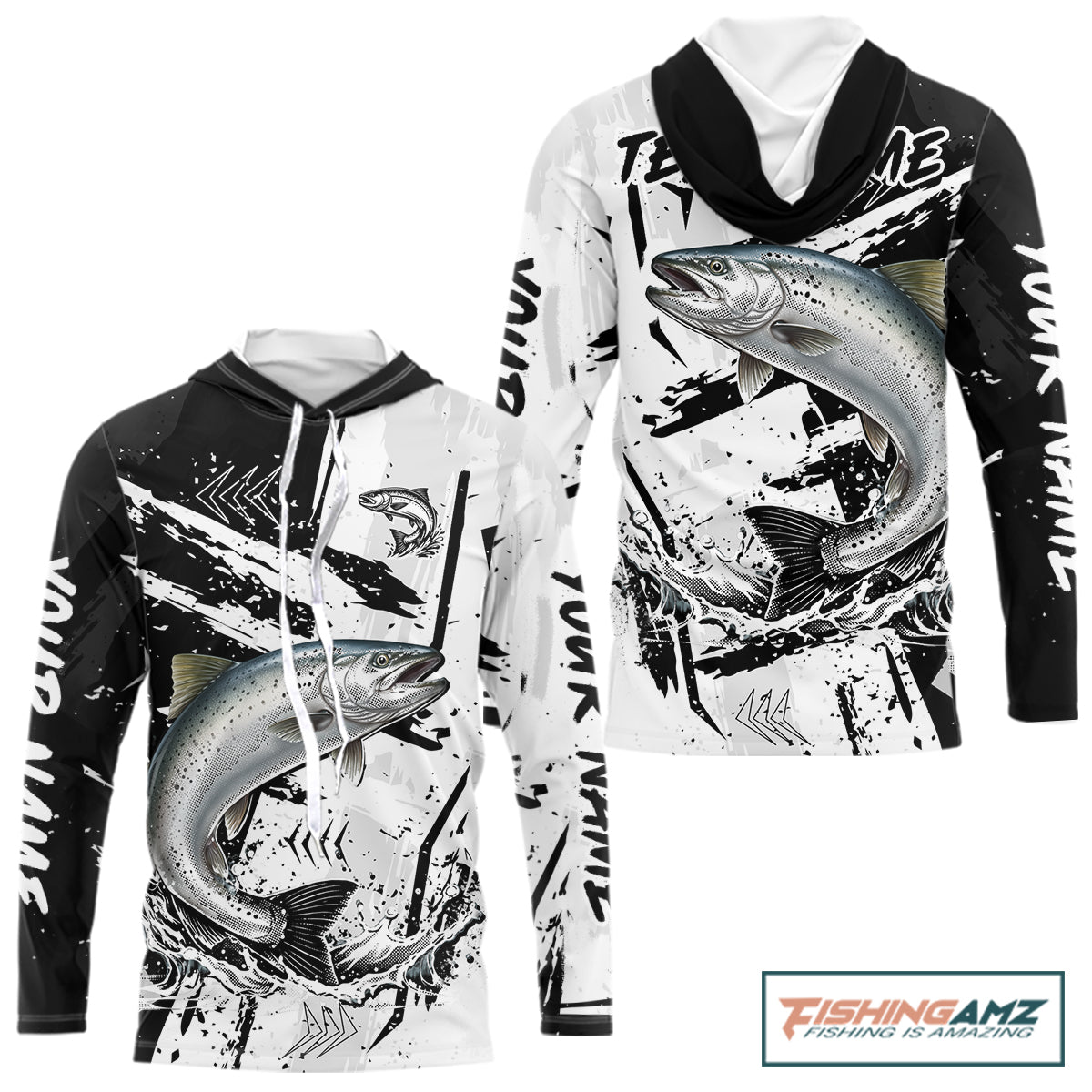 Chinook Salmon (King Salmon) Fishing Black White Camo, Performance Fishing Shirts NHT462