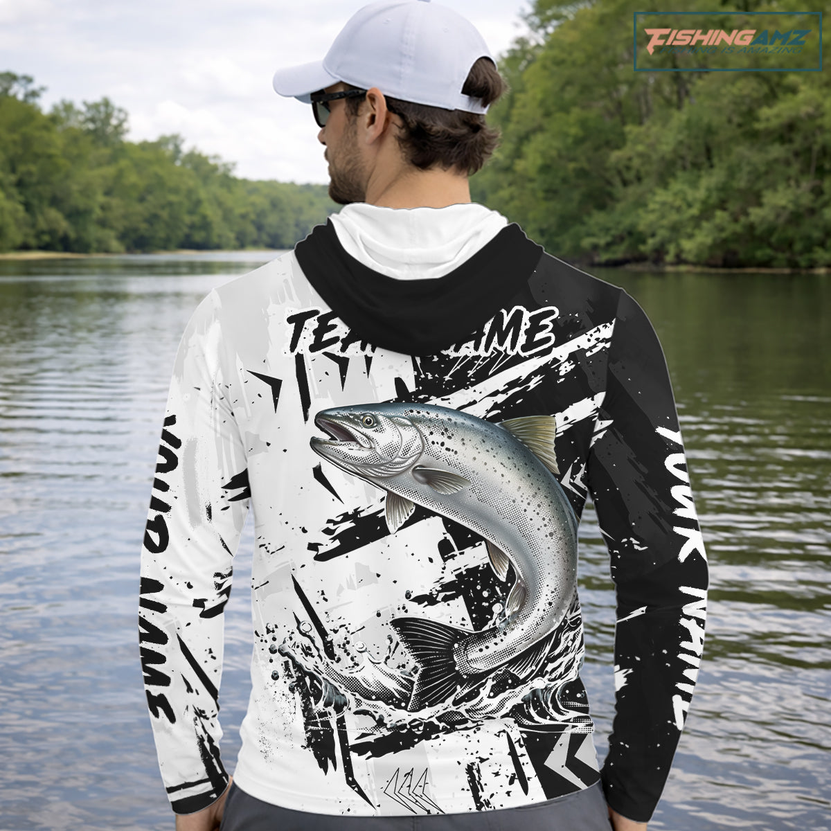 Chinook Salmon (King Salmon) Fishing Black White Camo, Performance Fishing Shirts NHT462