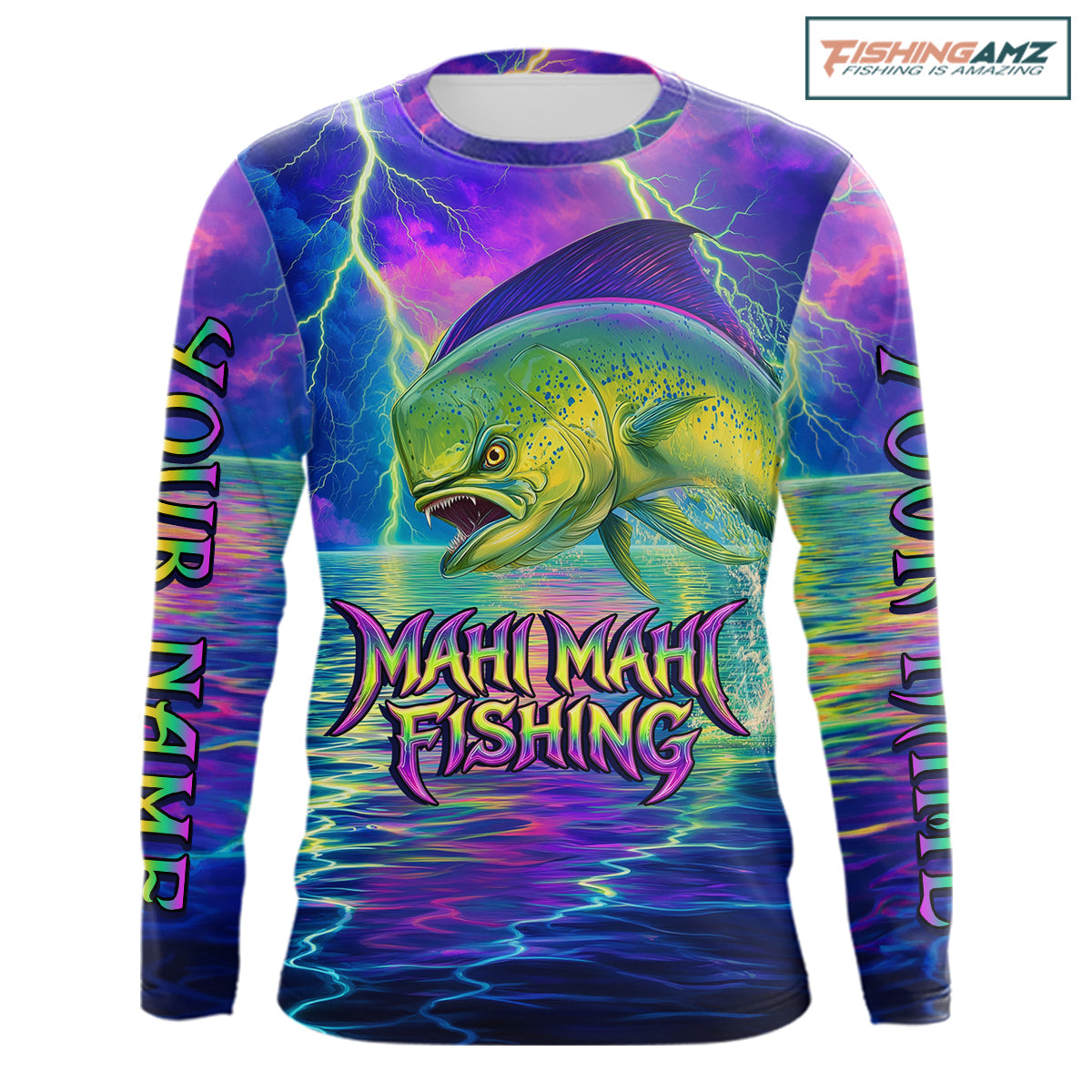 Angry Mahi Mahi Custom Fishing Shirts Long Sleeve, Design Neon Mahi Mahi Fishing Jersey NHT533