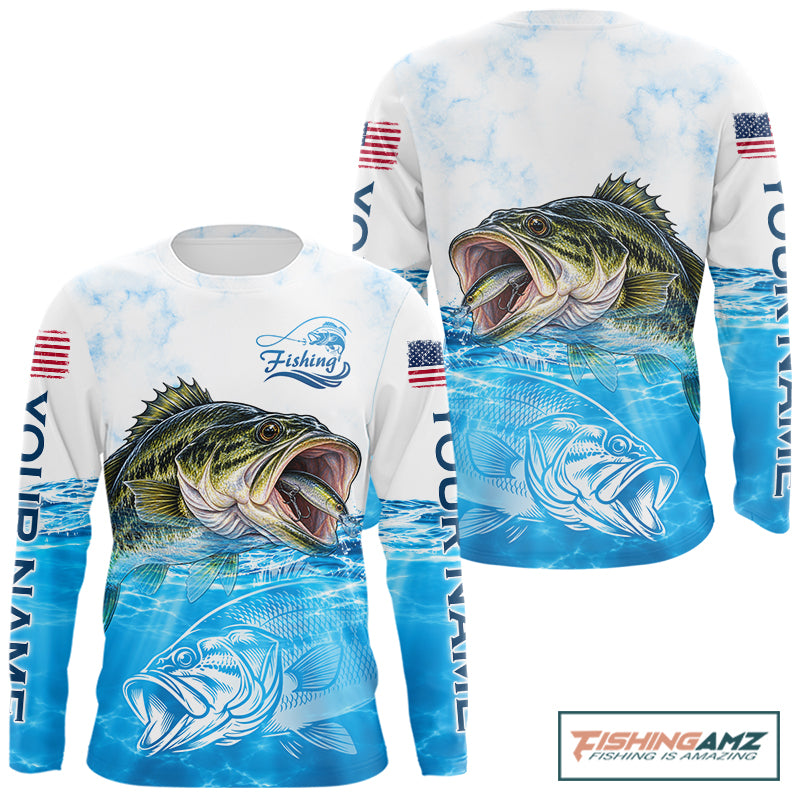 Blue Largemouth Bass Fishing Shirt Custom US Flag Blue Ocean Sports Long Sleeve Jersey NHT1700