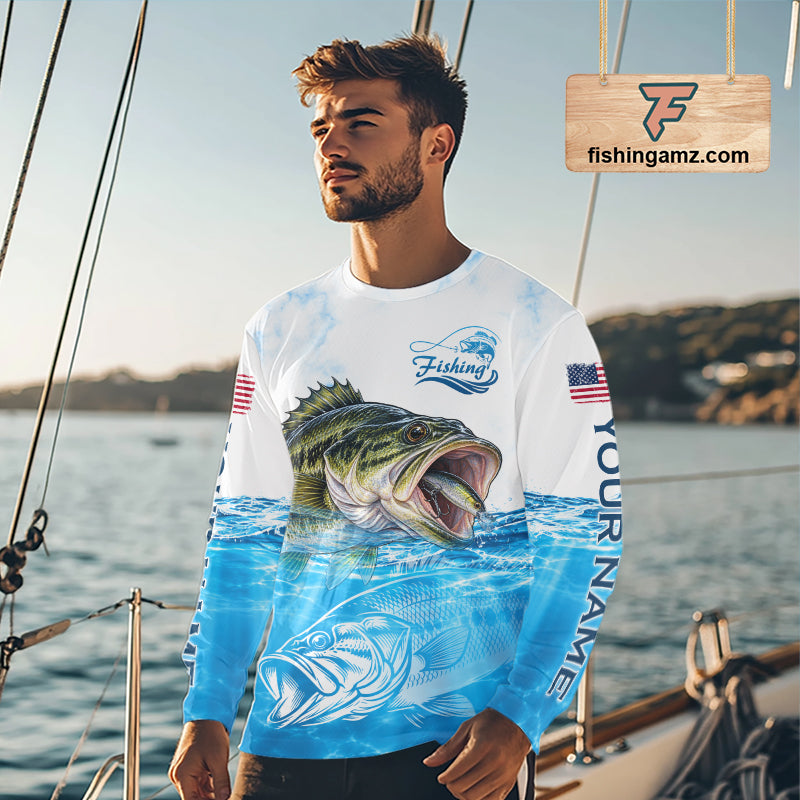 Blue Largemouth Bass Fishing Shirt Custom US Flag Blue Ocean Sports Long Sleeve Jersey NHT1700
