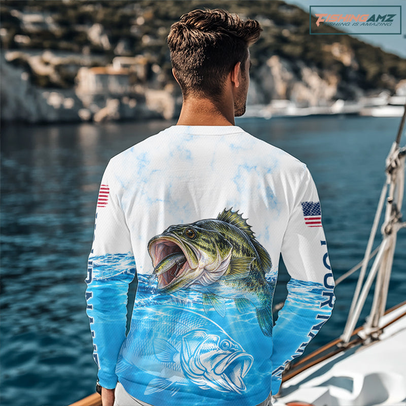 Blue Largemouth Bass Fishing Shirt Custom US Flag Blue Ocean Sports Long Sleeve Jersey NHT1700