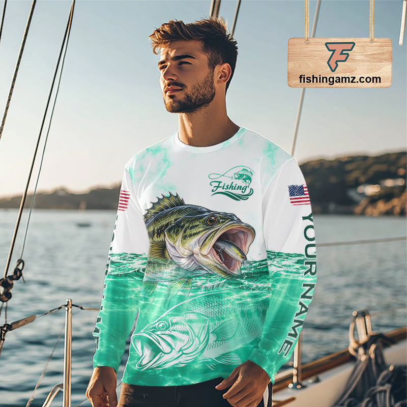 Green Largemouth Bass Fishing Shirt Custom US Flag Blue Ocean Sports Long Sleeve Jersey NHT1701