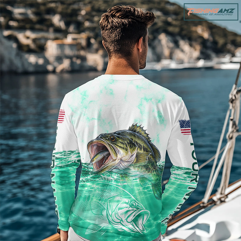 Green Largemouth Bass Fishing Shirt Custom US Flag Blue Ocean Sports Long Sleeve Jersey NHT1701