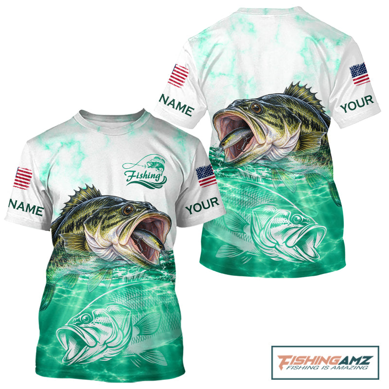 Green Largemouth Bass Fishing Shirt Custom US Flag Blue Ocean Sports Short Sleeve Jersey NHT1701