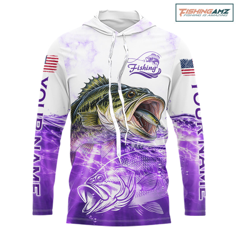 Purple Largemouth Bass Fishing Shirt Custom US Flag Blue Ocean Sports Long Sleeve Hooded Jersey NHT1702