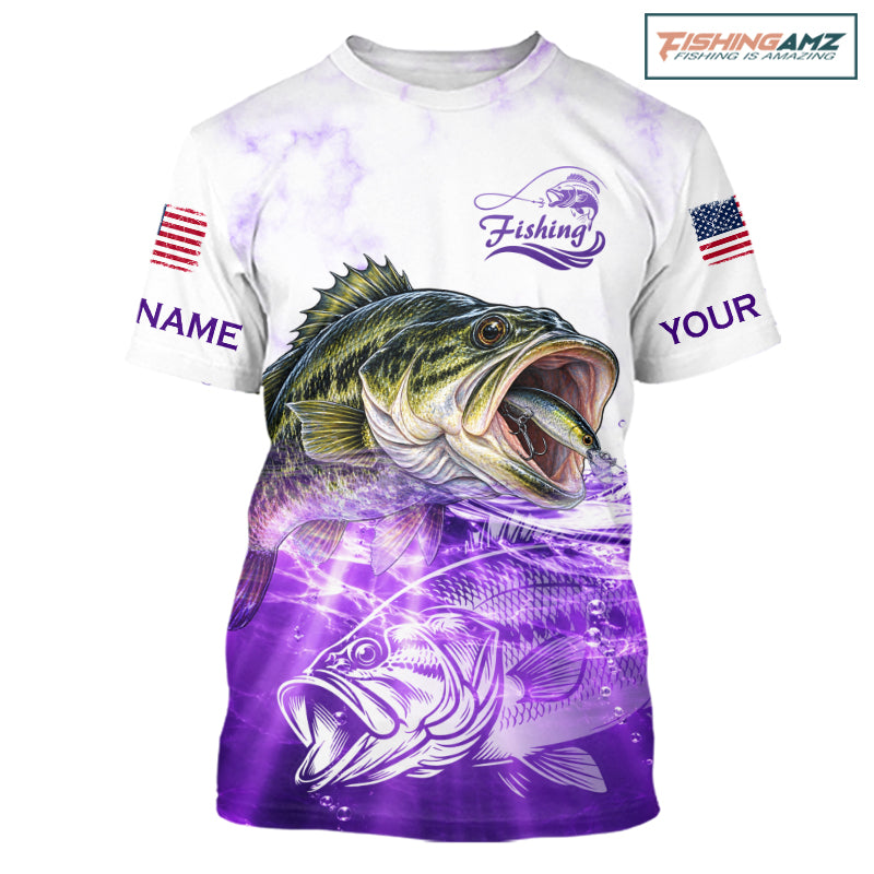 Purple Largemouth Bass Fishing Shirt Custom US Flag Blue Ocean Sports Short Sleeve Jersey NHT1702