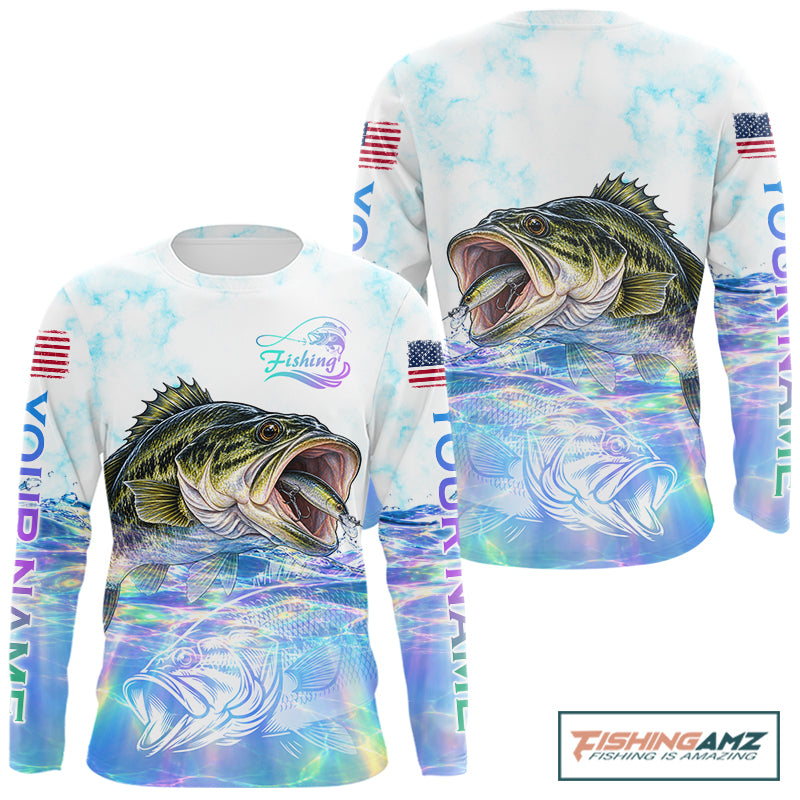 Hologram Largemouth Bass Fishing Shirt Custom US Flag Blue Ocean Sports Long Sleeve Jersey NHT1703