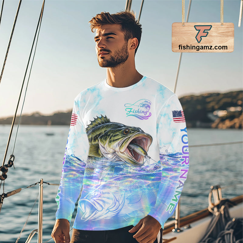 Hologram Largemouth Bass Fishing Shirt Custom US Flag Blue Ocean Sports Long Sleeve Jersey NHT1703