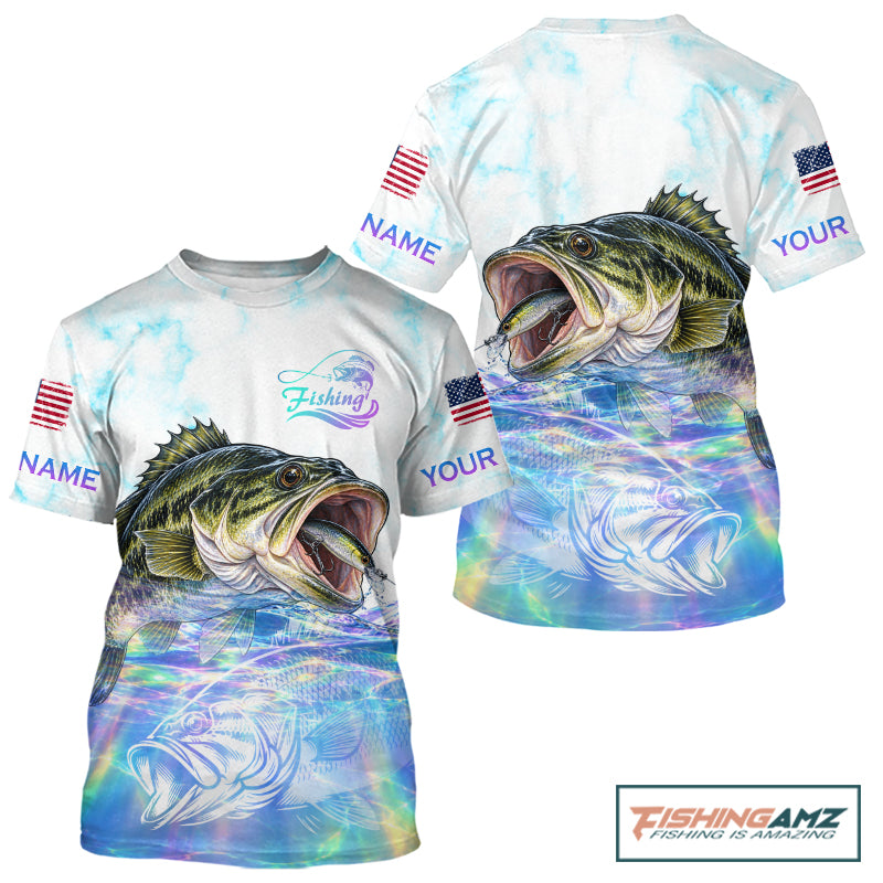 Hologram Largemouth Bass Fishing Shirt Custom US Flag Blue Ocean Sports Short Sleeve Jersey NHT1703