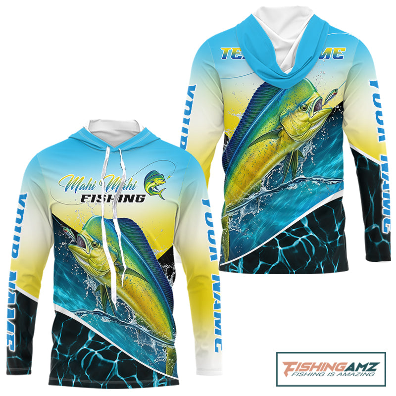 A long-sleeve hooded shirt shown from two angles on a white background, featuring a large printed mahi-mahi fish graphic, blue and yellow gradient sleeves and torso, and vertical 'Tournament' text.