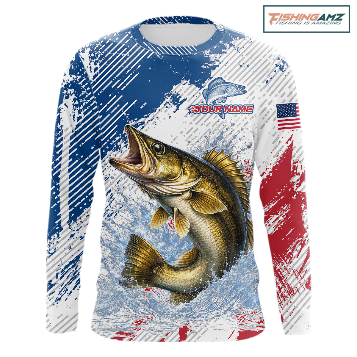 Custom Patriotic American Flag Walleye Fishing Shirts Long Sleeve, Fishing Tournament Jerseys NHT549