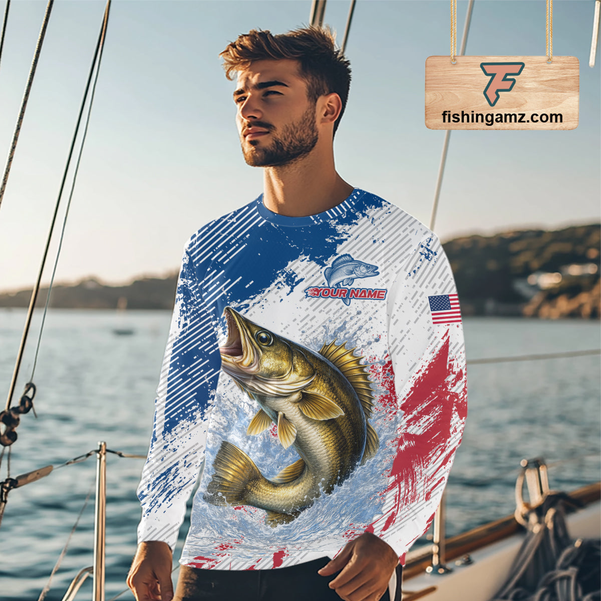 Custom Patriotic American Flag Walleye Fishing Shirts Long Sleeve, Fishing Tournament Jerseys NHT549